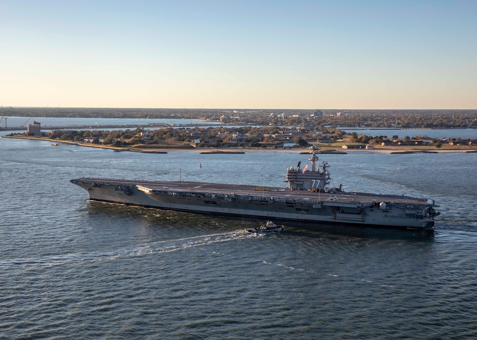 USS George H.W. Bush (CVN 77) transits to Naval Station Norfolk after on-time completion of an 11-month maintenance period at Norfolk Naval Shipyard and sea trials.