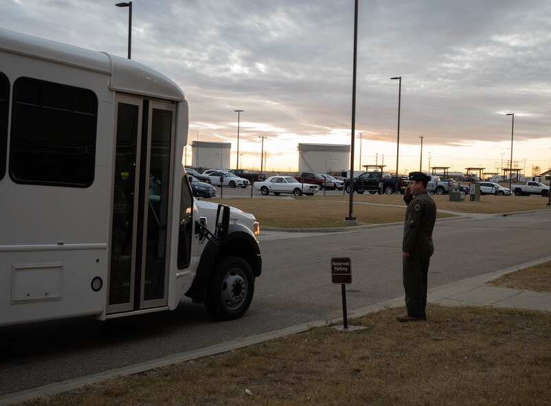 U.S. Air Force Col. John Burrell, 5th Operations Group commander, salutes U.S. Air Force Brigadier Gen. Mark Richey, mobilization assistant to the commander, Eighth Air Force, and Joint-Global Strike Operations Center, as he visits the PRIDE building at Minot Air Force Base, North Dakota, Nov. 14, 2024. The Eighth Air Force is responsible for the service’s bomber force and airborne nuclear command and control assets. (U.S. Air Force photo by Airman 1st Class Wesley Davies)