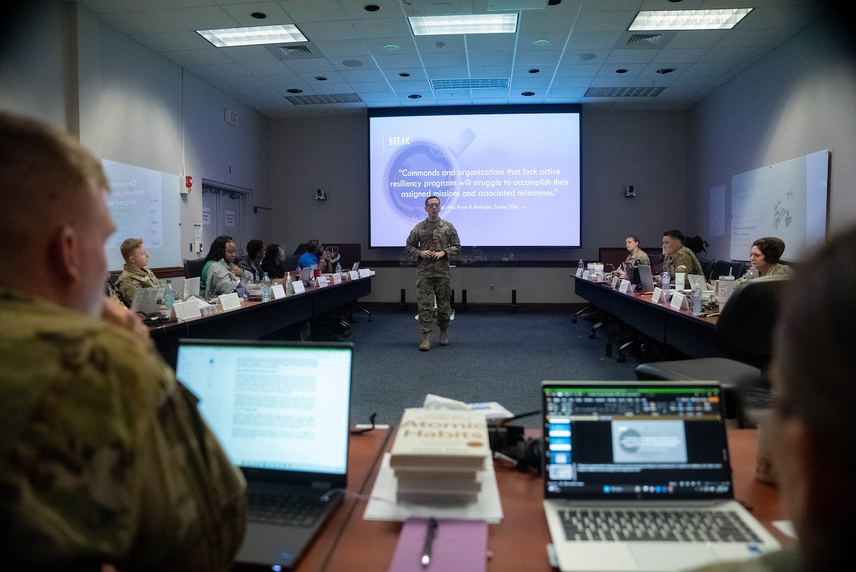 Master Sgt. Eric Spillman, instructs students enrolled in the Ira C. Eaker Center for Leadership Development’s Master Resilience Trainer Course at Maxwell Air Force Base, Alabama, November 4-8, 2024. The course takes place over a five day period and consists of instruction on resilience to certify the students as resiliency trainers for their respective units.