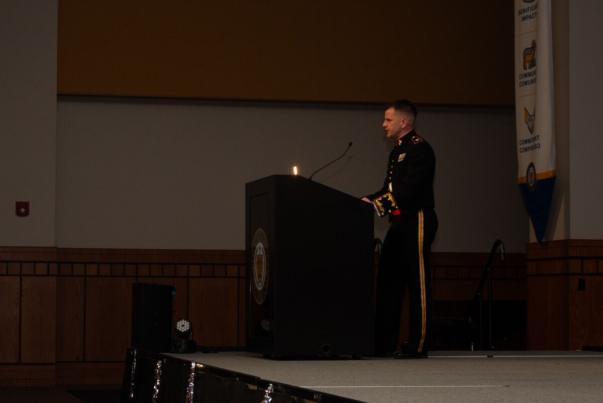 U.S. Marine Corps Lt. Col. Brian Meade, Marine Corps Detachment Goodfellow commanding officer, speaks during the 249th Marine Corps Ball at the CJ Davidson Conference Center in San Angelo, Texas, Nov. 9, 2024. Meade spoke on the importance of being a U.S. Marine in today’s ever-changing world. (U.S. Air Force photo by Airman 1st Class Brian Lummus)