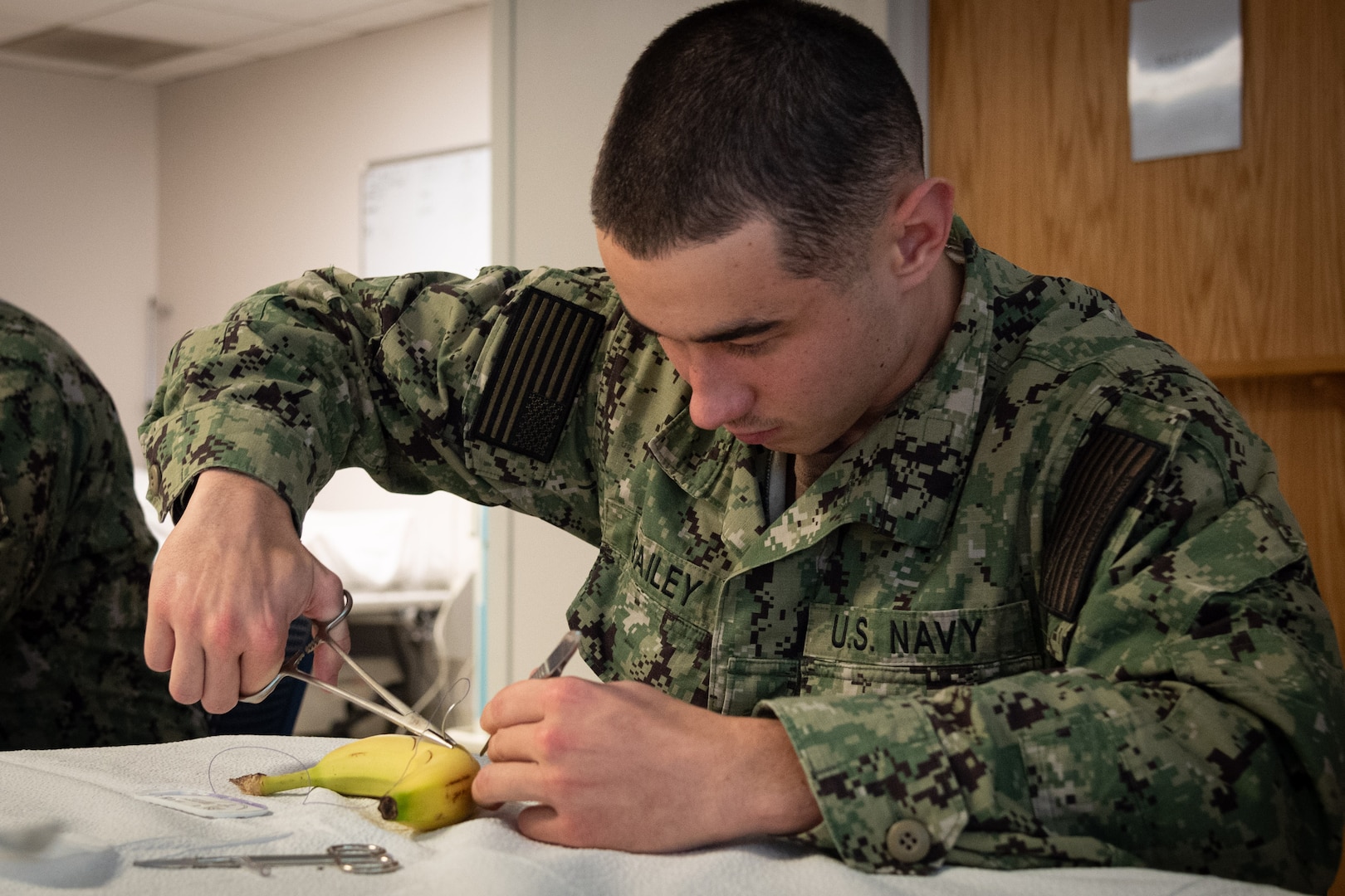 Hospitalman Noah Bailey practices suturing techniques on a banana during a class held aboard Naval Health Clinic Cherry Point on Friday, November 15.  Bananas served as training aids for the class due to their thick and easy-to-pierce skin and the ability to distinguish the skin from the fruit.