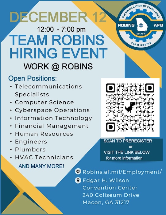 Flyer that has "Team Robins Hiring Event" for December 12.