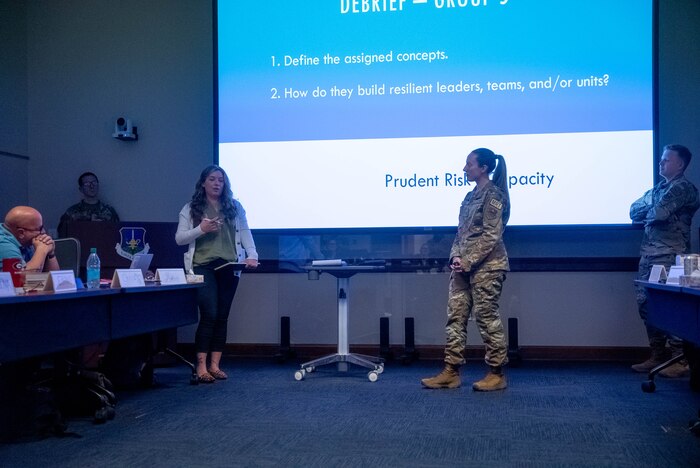 Tech. Sgt. Brianna Benko, an MRT Course Instructor, instructs students enrolled in the Ira C. Eaker Center for Leadership Development’s Master Resilience Trainer Course at Maxwell Air Force Base, Alabama, November 4-8, 2024. The course takes place over a five day period and consists of instruction on resilience to certify the students as resiliency trainers for their respective units.