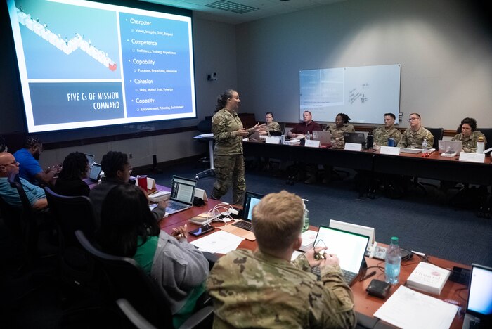 Technical Sgt. Kathleen McConnell, an MRT Course Instructor, instructs students enrolled in the Ira C. Eaker Center for Leadership Development’s Master Resilience Trainer Course at Maxwell Air Force Base, Alabama, November 4-8, 2024. The course takes place over a five day period and consists of instruction on resilience to certify the students as resiliency trainers for their respective units.