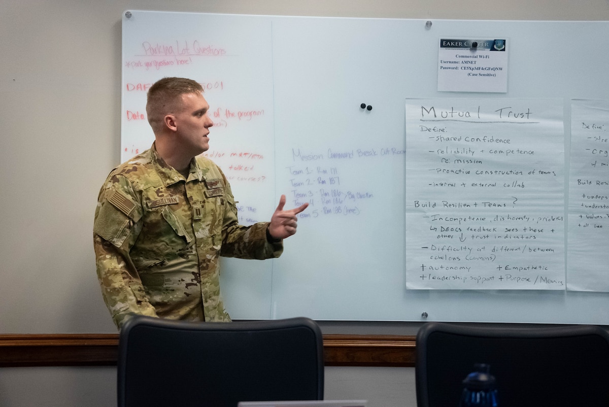 Students of the Ira C. Eaker Center for Leadership Development’s Master Resilience Trainer Course present the findings of group discussions at Maxwell Air Force Base, Alabama, November 4-8, 2024. The course takes place over a five day period and consists of instruction on resilience to certify the students as resiliency trainers for their respective units.