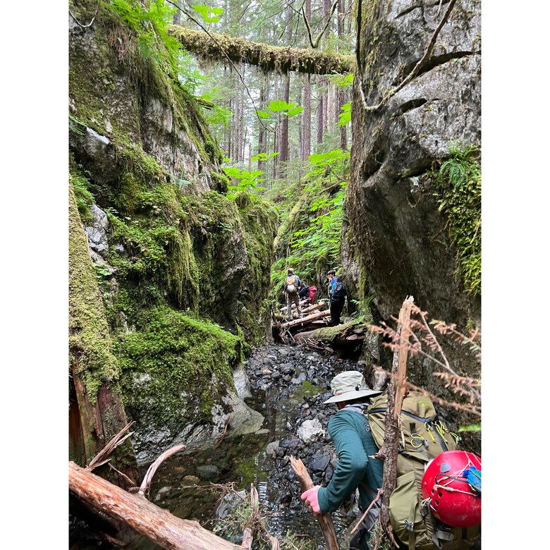 Survey team hiking through an old stream bed on the way to caves