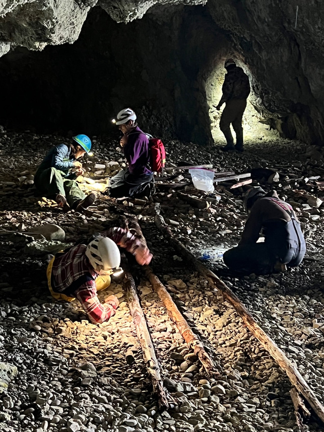 Survey team searching for invertebrates in Miner Diversion Cave on Coronation Island, Alaska