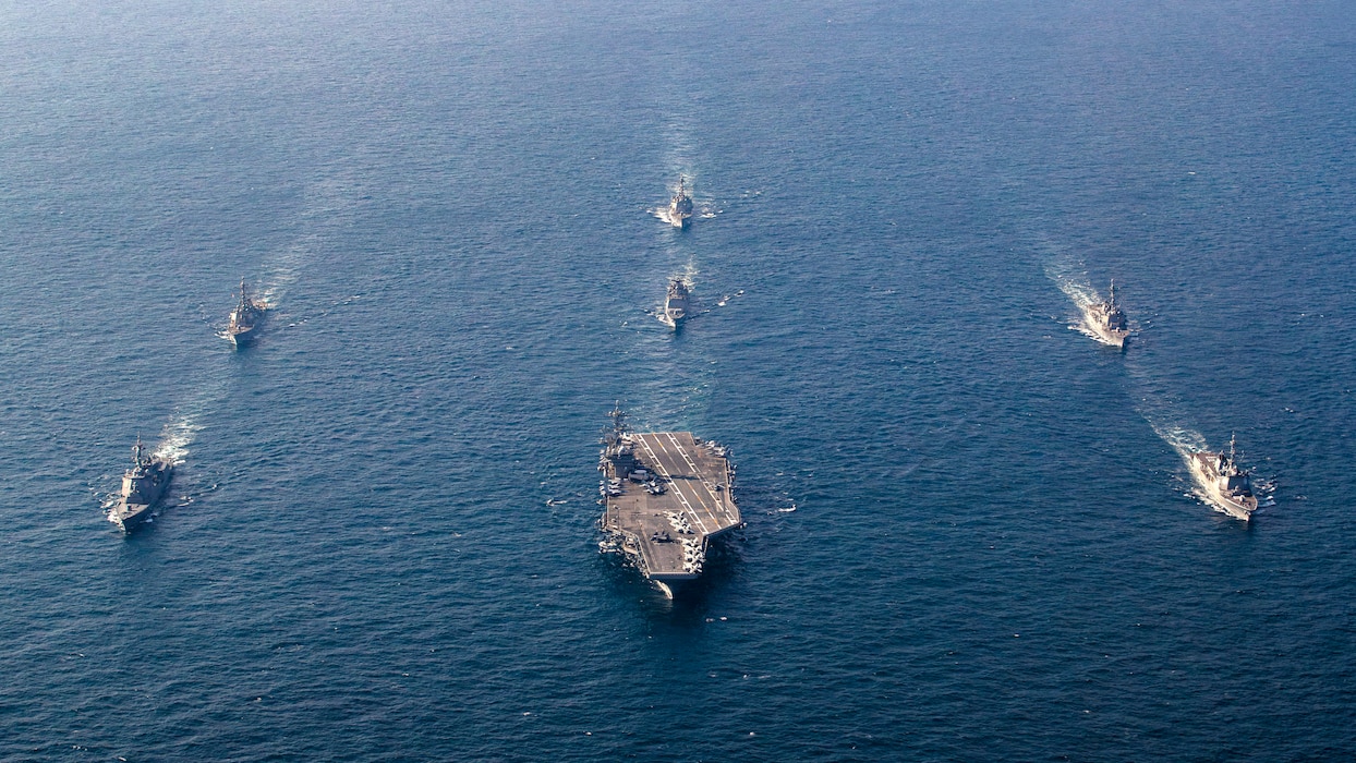 USS George Washington (CVN 73) leads U.S. and JMSDF ships in during Freedom Edge.