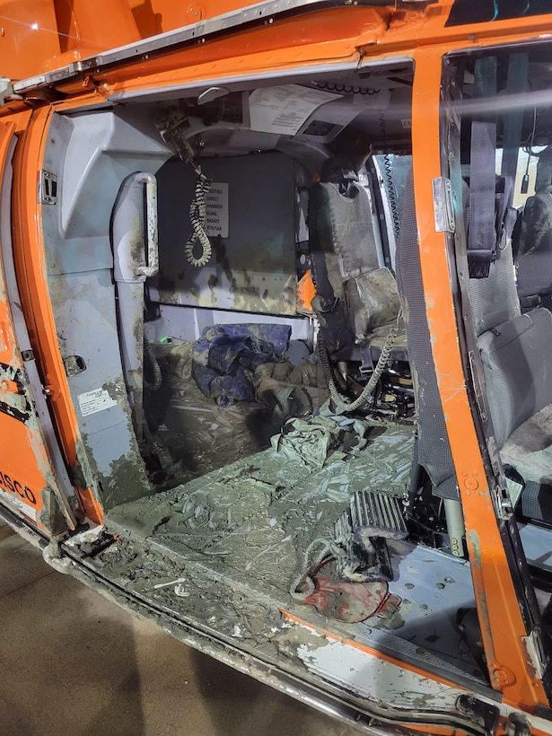 The inside of a Coast Guard Air Station San Francisco MH-65 Dolphin helicopters interior cabin shown at Air Station San Francisco after a search and rescue case on Nov. 15, 2024. The aircrew rescued 3 individuals after their boat became grounded in San Pablo Bay, California. (U.S. Coast Guard photo)