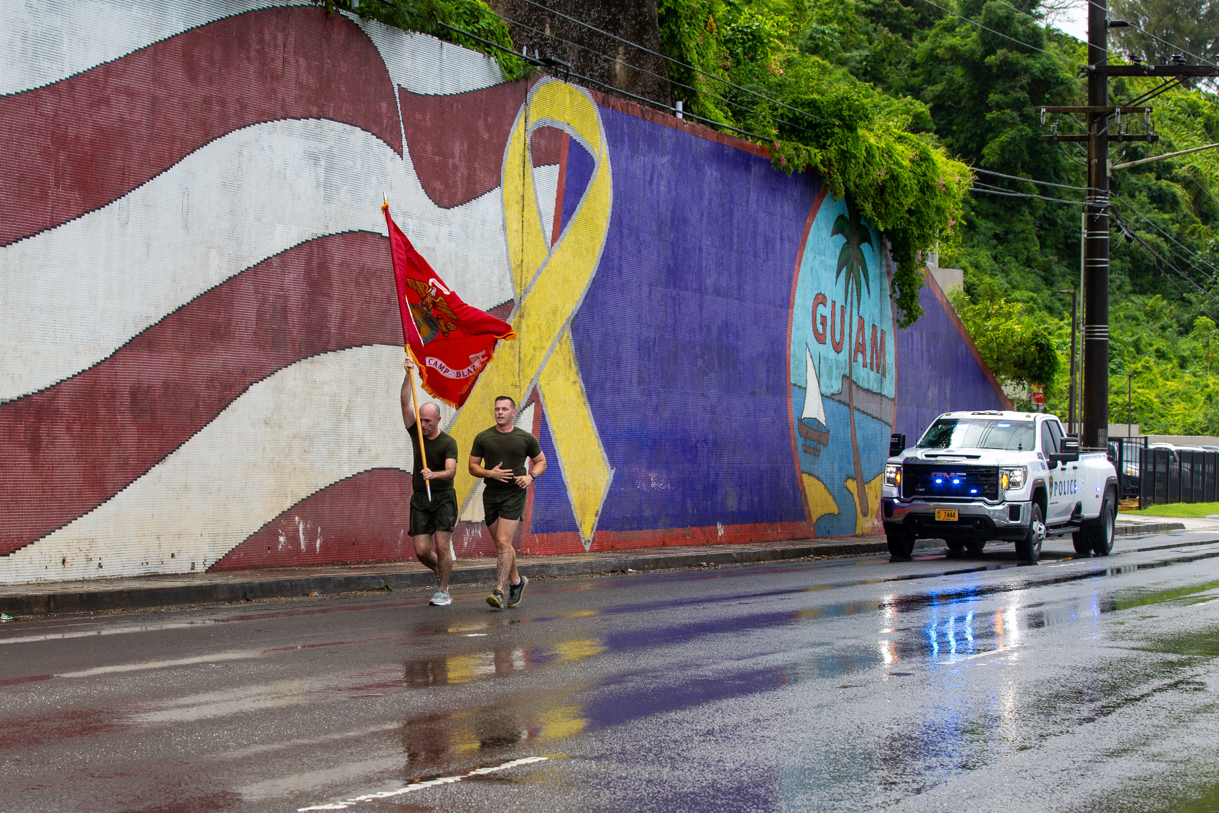U.S. Marines with Marine Corps Base Camp Blaz, participate in a 249-mile run as a part of a celebration of the upcoming Marine Corps Birthday, Guam, Nov. 6, 2024. To celebrate the Marine Corps’ 249th Birthday, Marine Corps Base Camp Blaz collectively ran 249 miles during a 24-hour period, symbolizing the commitment to excellence, endurance, and the unbreakable bond that unites the Marines. This event concluded on Nov. 7 with the Marine Corps 249th Birthday Cake Cutting ceremony. (U.S. Marine Corps photo by Lance Cpl. Afton Smiley)
