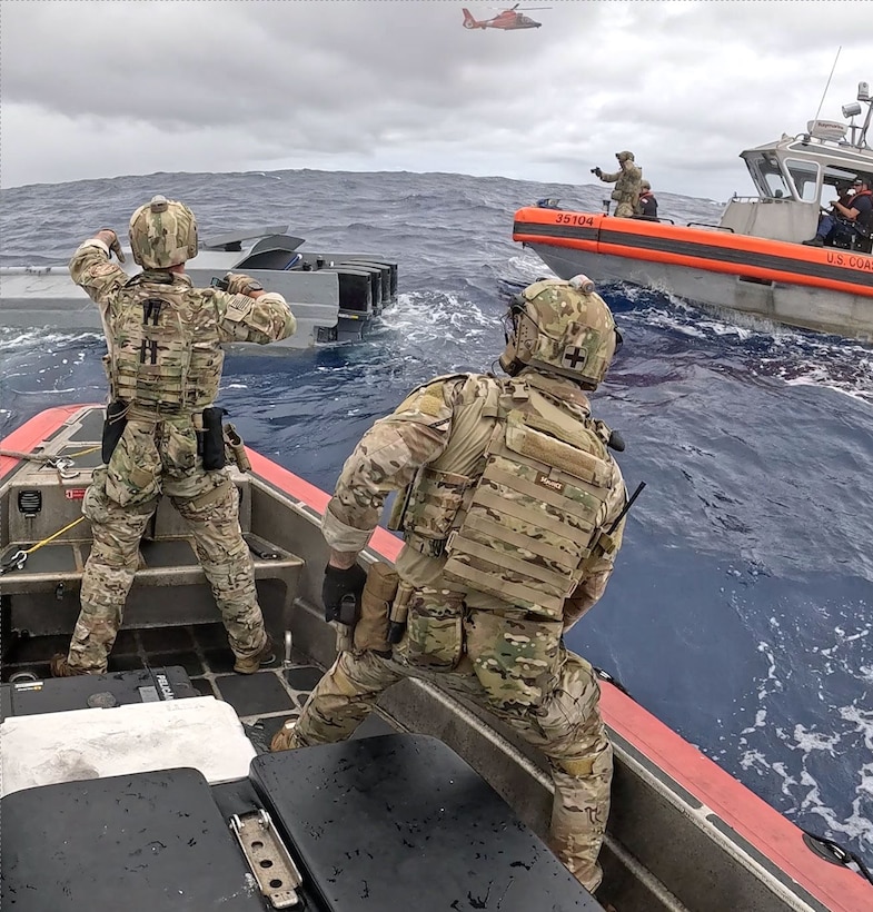 U.S. Coast Guard Cutter Munro (WMSL 755) crews interdict a vessel suspected of smuggling drugs in international waters of the Eastern Pacific Ocean, October 2024. Munro is the sixth Legend-class national security cutter and is homeported in Alameda, California. U.S. Coast Guard courtesy photo.