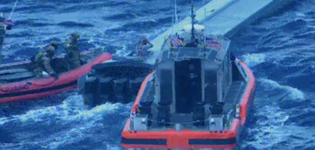 U.S. Coast Guard Cutter Munro (WMSL 755) crews interdict a vessel suspected of smuggling drugs in international waters of the Eastern Pacific Ocean, October 2024. Munro is the sixth Legend-class national security cutter and is homeported in Alameda, California. U.S. Coast Guard courtesy photo.