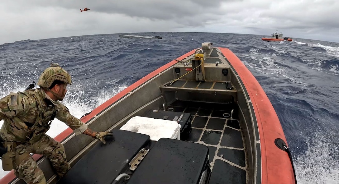 U.S. Coast Guard Cutter Munro (WMSL 755) crews interdict a vessel suspected of smuggling drugs in international waters of the Eastern Pacific Ocean, October 2024. Munro is the sixth Legend-class national security cutter and is homeported in Alameda, California. U.S. Coast Guard courtesy photo.