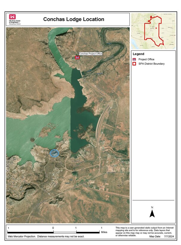 Map of the Conchas Dam project area. The location of  Conchas Lodge is marked by a blue circle.