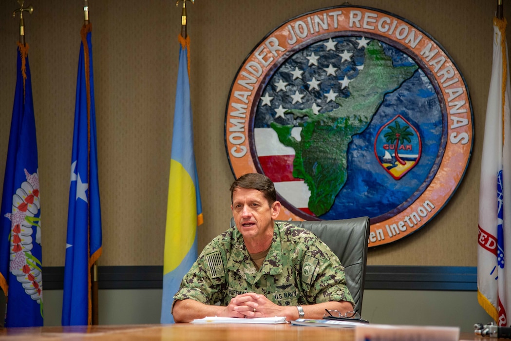 U.S. Navy Rear Adm. Greg Huffman, commander, Joint Task Force - Micronesia, provides closing remarks to state leaders and representatives of the Federated States of Micronesia (FSM) and U.S. military and Department of Defense leaders during a Joint Committee Meeting in Chuuk State, attended virtually from Joint Region Marianas headquarters, Nov. 13.