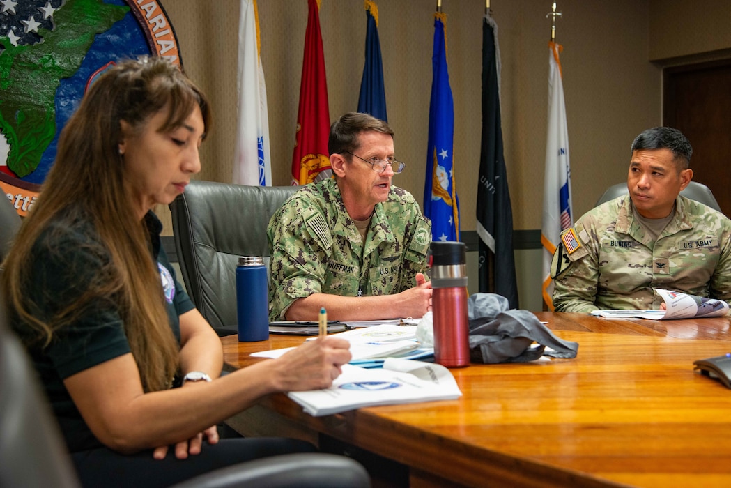U.S. Navy Rear Adm. Greg Huffman, commander, Joint Task Force - Micronesia, speaks with state leaders and representatives of the Federated States of Micronesia (FSM) and U.S. military and Department of Defense leaders during a Joint Committee Meeting in Chuuk State, attended virtually from Joint Region Marianas headquarters, Nov. 13.