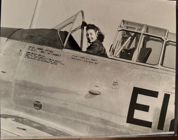 Pilot Earlene Flory in the cockpit of a 600-horsepower North American Aviation T-6 Texan.