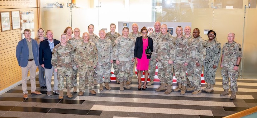 U.S. Ambassador Vernell Trim FitzPatrick poses for a photo with West Virginia National Guard and state government representatives at the U.S. Embassy in Libreville, Gabon, Nov. 18, 2024. The U.S. Embassy briefed the group during an inaugural key leader engagement in the State Partnership Program relationship between West Virginia and the Gabonese Republic.