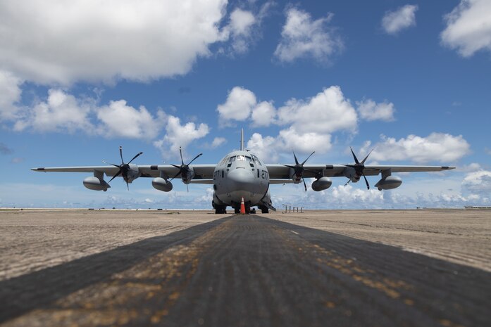 A U.S. Marine Corps KC-130J Super Hercules assigned to Marine Aerial Refueler Transport Squadron (VMGR) 352, Marine Aircraft Group 11, 3rd Marine Aircraft Wing prepares for takeoff at Guam International Airport, Sept. 7, 2024. VMGR-352 stopped in Guam while flying from Marine Corps Air Station Miramar, California to Camp Lemonnier, Djibouti, to deliver essential personnel, supplies and equipment to 3rd MAW squadrons deployed in support of Combined Joint Task Force-Horn Africa. (U.S. Marine Corps photo by Sgt. Emeline Swyers)