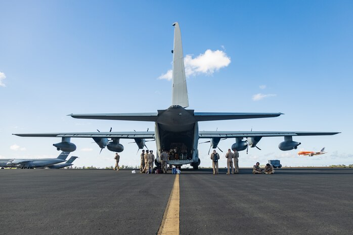 A U.S. Marine Corps KC-130J Super Hercules assigned to Marine Aerial Refueler Transport Squadron (VMGR) 352, Marine Aircraft Group 11, 3rd Marine Aircraft Wing, prepares for takeoff at Marine Corps Air Station Kaneohe Bay, Marine Corps Base Hawaii, Sept. 5, 2024. VMGR-352 stopped at MCAS Kaneohe Bay while flying from Marine Corps Air Station Miramar, California to Camp Lemonnier, Djibouti, to deliver essential personnel, supplies and equipment to 3rd MAW squadrons deployed in support of Combined Joint Task Force-Horn Africa. (U.S. Marine Corps photo by Sgt. Emeline Swyers)