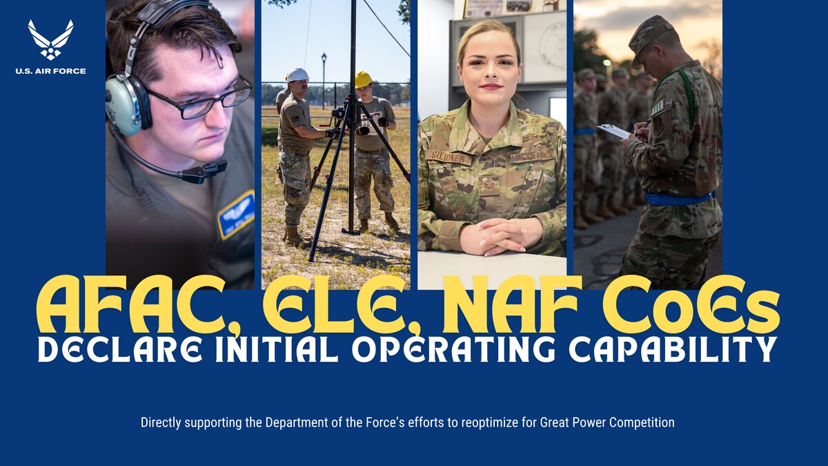 four pictures of airmen in training, and a recruiter in her office, on a blue background