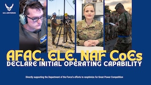 four pictures of airmen in training, and a recruiter in her office, on a blue background