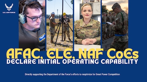 four pictures of airmen in training, and a recruiter in her office, on a blue background