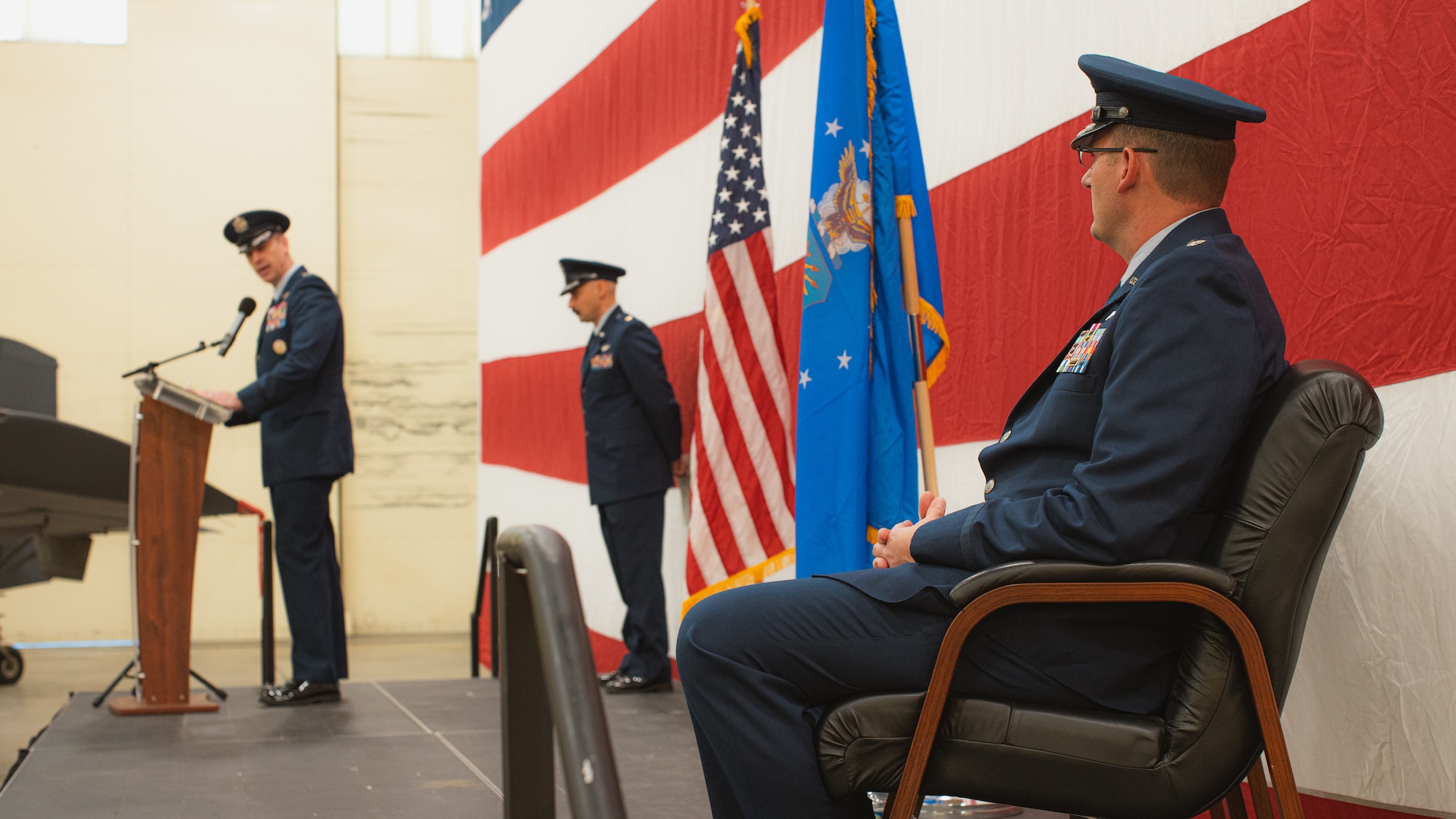 Photo of Col. Patrick Wnetrzak, 492d Special Operations Wing commander, and Lt. Col. Jesse Ziegler, 17th Special Operations Squadron commander, at a ceremony.