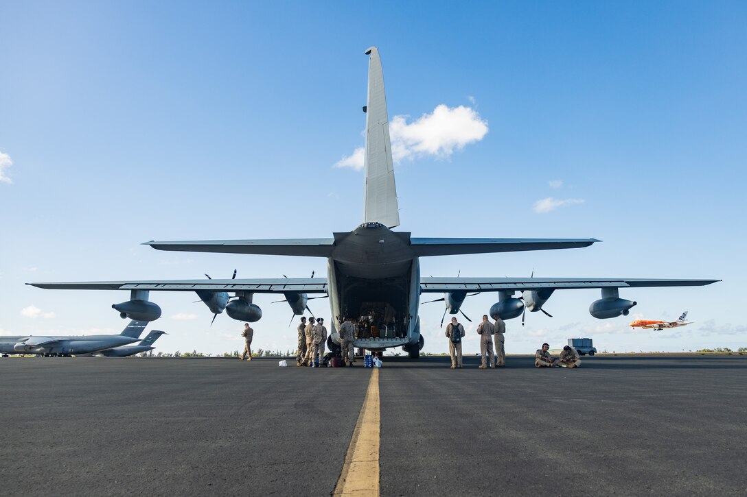 A U.S. Marine Corps KC-130J Super Hercules assigned to Marine Aerial Refueler Transport Squadron (VMGR) 352, Marine Aircraft Group 11, 3rd Marine Aircraft Wing, prepares for takeoff at Marine Corps Air Station Kaneohe Bay, Marine Corps Base Hawaii, Sept. 5, 2024. VMGR-352 stopped at MCAS Kaneohe Bay while flying from Marine Corps Air Station Miramar, California to Camp Lemonnier, Djibouti, to deliver essential personnel, supplies and equipment to 3rd MAW squadrons deployed in support of Combined Joint Task Force-Horn Africa. (U.S. Marine Corps photo by Sgt. Emeline Swyers)