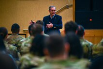 U.S. Air Force retired Col. Lee Ellis, former Vietnam War pilot and prisoner of war, shares his experiences and insights with Airmen during a presentation at Misawa Air Base, Japan, Nov. 15, 2024.