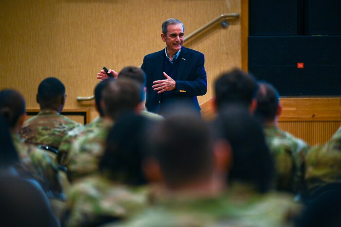 U.S. Air Force retired Col. Lee Ellis, former Vietnam War pilot and prisoner of war, shares his experiences and insights with Airmen during a presentation at Misawa Air Base, Japan, Nov. 15, 2024.