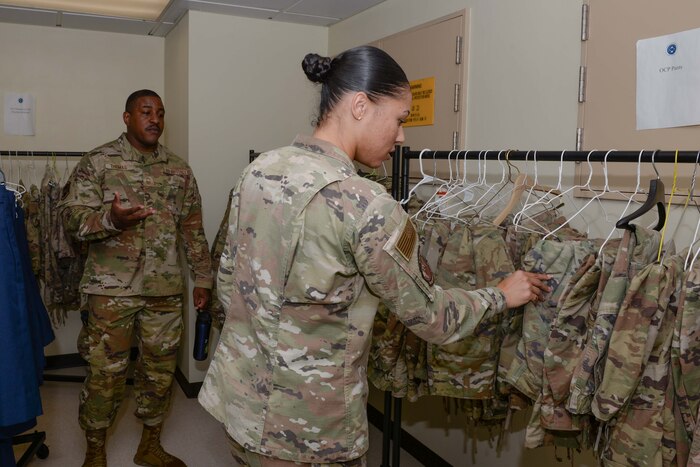 Airmen assigned to the 51st Fighter Wing sift through uniforms at the Osan Airman’s Attic at Osan Air Base, Republic of Korea, Oct. 23, 2024. The attic is run by the Osan First Sergeants’ Council and volunteers. The purpose of the Airman’s Attic is to provide free service uniforms to active duty, guard and reserve Airmen, Guardians and Soldiers on the Korean peninsula. (U.S. Air Force photo by Staff Sgt. Kahdija Slaughter)