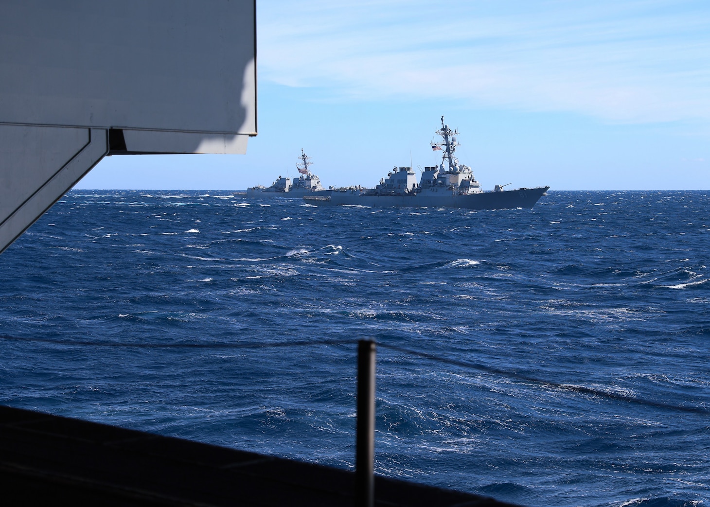 USS Winston S. Churchill (DDG 81) and USS Forrest Sherman (DDG 98) steam alongside the world’s largest aircraft carrier USS Gerald R. Ford (CVN 78) as part of Carrier Strike Group 12, Gerald R. Ford Carrier Strike Group in the Atlantic Ocean, Nov. 12, 2024.