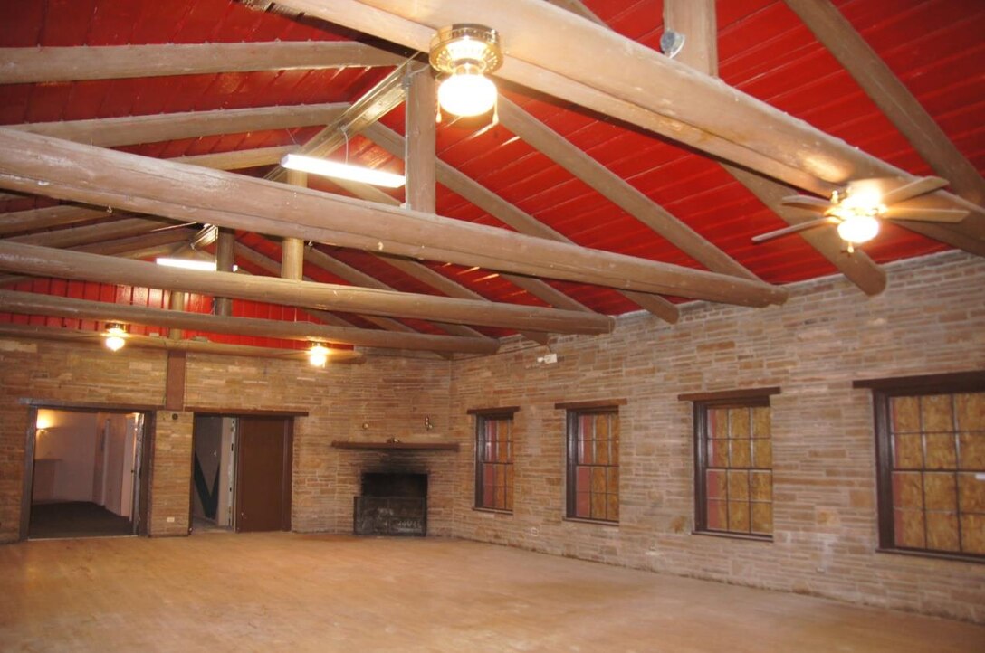 The great hall in Conchas Lodge, looking southeast, with the corner fireplace, in May 2012.