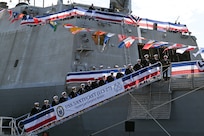 The crew of the newest Freedom-variant littoral combat ship USS Nantucket (LCS 27) brings the ship to life during its commissioning ceremony in Boston, Nov. 16, 2024. (U.S. Navy photo by EJ Hersom)
