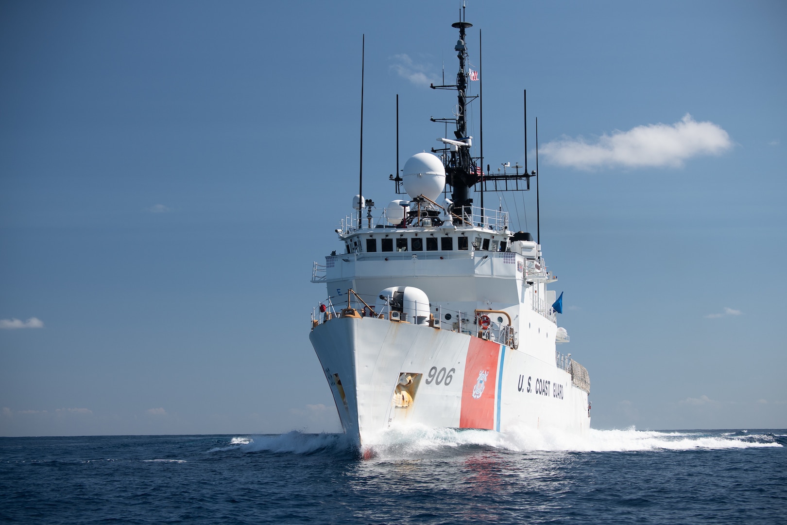 The Coast Guard Cutter Seneca (WMEC-906) crew underway on the Eastern Pacific Ocean, Sept. 22, 2018. The cutter Seneca is the sixth of thirteen 270' Famous Class medium endurance cutters in the United States Coast Guard fleet. (Coast Guard Photo)