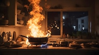Fire on stove in kitchen.