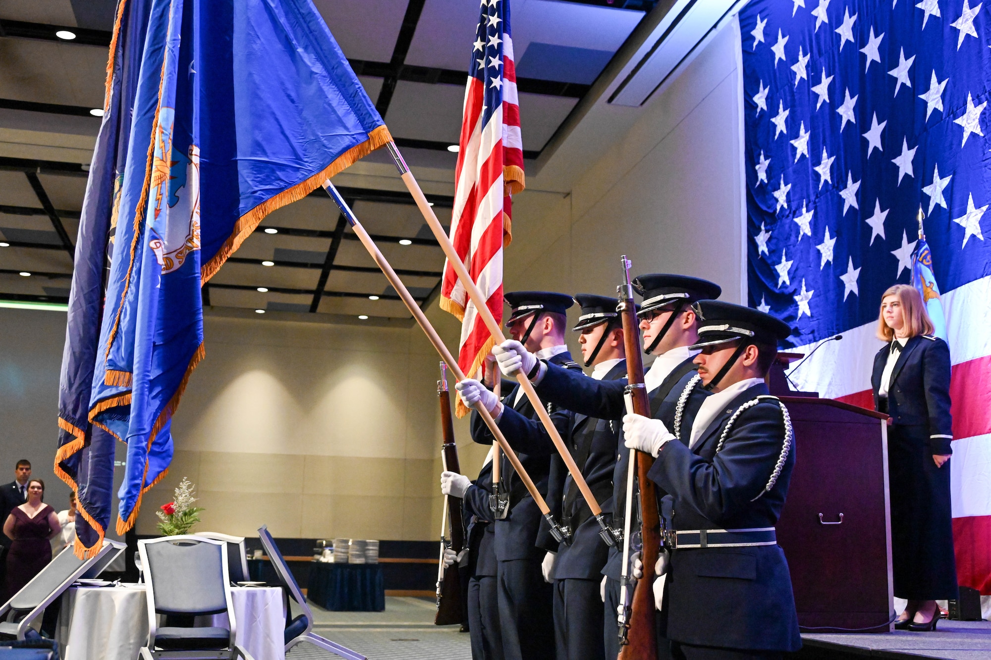 Nearly 250 attendees, including current and former members of the 193rd Air Operations Group, families and distinguished guests, gathered for the unit's 75th anniversary dining out at The Penn Stater Hotel and Conference Center in State College, Pa., Nov. 16, 2024.