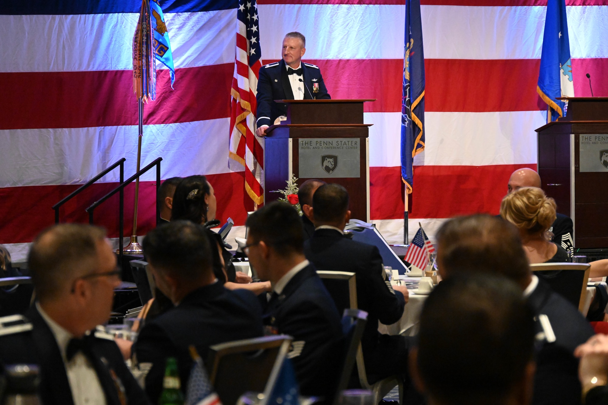 Nearly 250 attendees, including current and former members of the 193rd Air Operations Group, families and distinguished guests, gathered for the unit's 75th anniversary dining out at The Penn Stater Hotel and Conference Center in State College, Pa., Nov. 16, 2024.