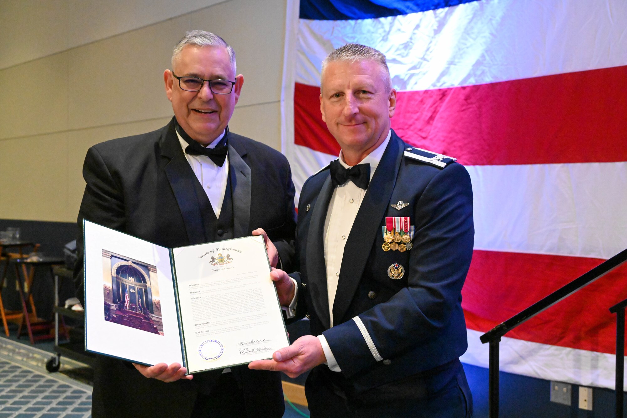 Nearly 250 attendees, including current and former members of the 193rd Air Operations Group, families and distinguished guests, gathered for the unit's 75th anniversary dining out at The Penn Stater Hotel and Conference Center in State College, Pa., Nov. 16, 2024.