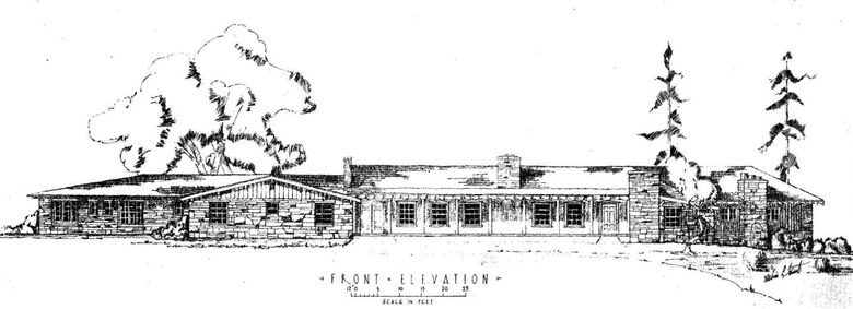 South elevation, original lodge, as depicted in Master Recreation Plan, Conchas Dam Project, Corps of Engineers, Albuquerque District, May 1947, Plate No. 10. The drawing is signed, Melvin Faust.