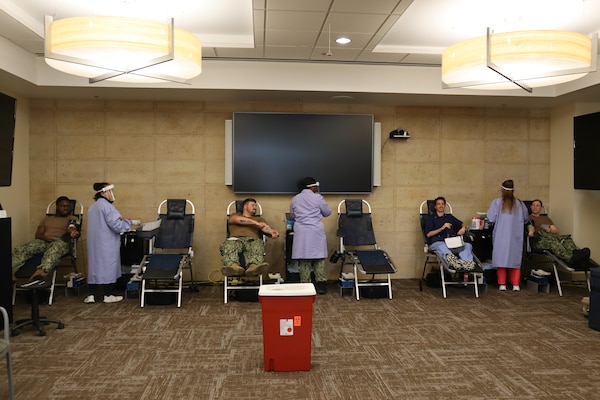 Sailors from aboard Marine Corps Base Camp Pendleton donate blood during an Armed Services Blood Program – Camp Pendleton blood drive coordinated by the Navy Medicine Readiness and Training Command Camp Pendleton Junior Enlisted Association on Nov. 18, 2024, in the Naval Hospital Camp Pendleton Galley Meeting Room.