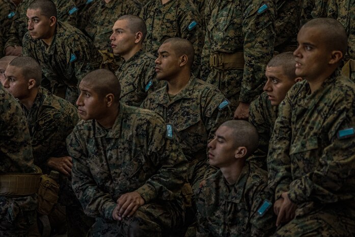 U.S. Marine Corps recruits with Lima Company, 3rd Recruit Training Battalion, receive instruction during to a tactical combat casualty care class at Marine Corps Recruit Depot San Diego, California, July 23, 2024. TCCC is a three-phase approach to casualty management, ensuring the appropriate medical care is given at the correct time and place during any necessary scenario. (U.S. Marine Corps photo by Lance Cpl. Jacob B. Hutchinson)