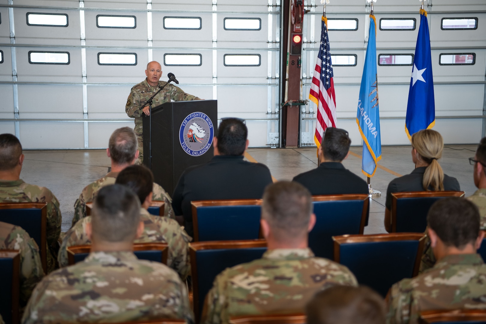 Col. James Cheatham, 138th Mission Support Group commander, speaks at a ribbon cutting ceremony for the new small arms range complex at the Tulsa Air National Guard Base, Okla., Oct. 22, 2024. The complex provides a small arms range capable of training and certifying security forces, 138th Fighter Wing Airmen, and other local partners. (Air National Guard photo by Master Sgt. Rebecca Imwalle)