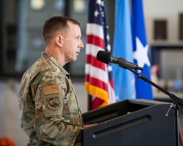 Brig. Gen. Michael Meason, Oklahoma National Guard assistant adjutant general, speaks at a ribbon cutting ceremony for the new small arms range complex at the Tulsa Air National Guard Base, Okla., Oct. 22, 2024. The new complex includes a range with 14 lanes, a classroom, a weapons cleaning and maintenance room, and office space. (Air National Guard photo by Master Sgt. Rebecca Imwalle)