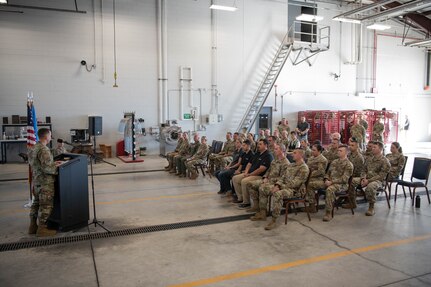 Brig. Gen. Michael Meason, Oklahoma National Guard assistant adjutant general, speaks at a ribbon cutting ceremony for the new small arms range complex at the Tulsa Air National Guard Base, Okla., Oct. 22, 2024. The new complex was a multi-million construction project that spanned over a one year and seven month time period. (Air National Guard photo by Master Sgt. Rebecca Imwalle)