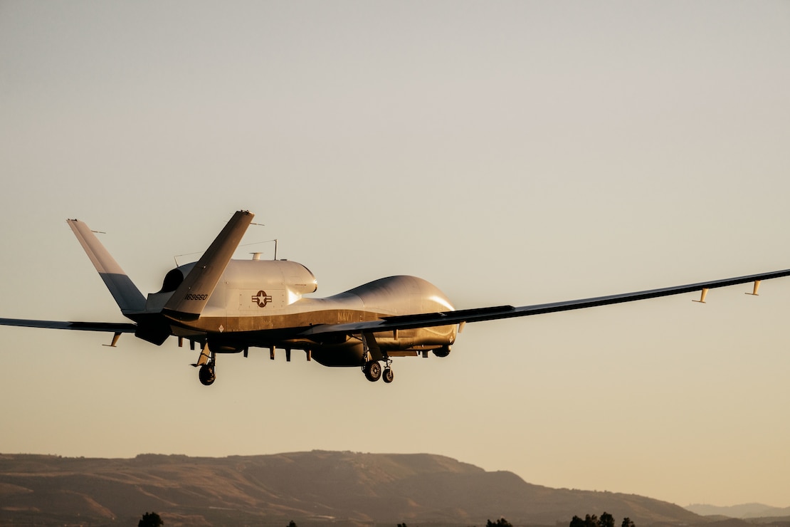 NAVAL AIR STATION SIGONELLA, Italy (Jul. 2, 2024) An MQ-4C Triton assigned to Unmanned Patrol Squadron (VUP) 19 prepares to land at Naval Air Station (NAS) Sigonella, Italy, Jul. 2, 2024. VUP-19 is deployed to the U.S.  6th Fleet Area of Operations conducting missions in support of Naval Forces Europe and Africa. (US Navy photo by LT Alex Delgado/released)