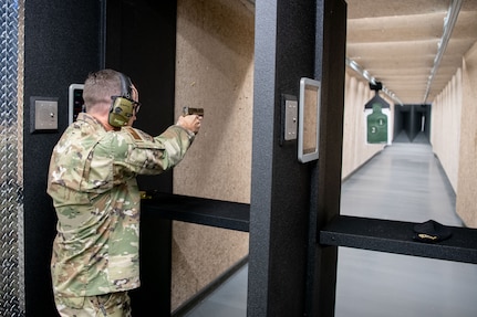 Brig. Gen. Michael Meason, Oklahoma National Guard assistant adjutant general, fires the first shot in the new small arms range complex at the Tulsa Air National Guard Base, Okla., Oct. 22, 2024. The new complex was a multi-million construction project that spanned over a one year and seven month time period. (Air National Guard photo by Master Sgt. Rebecca Imwalle)