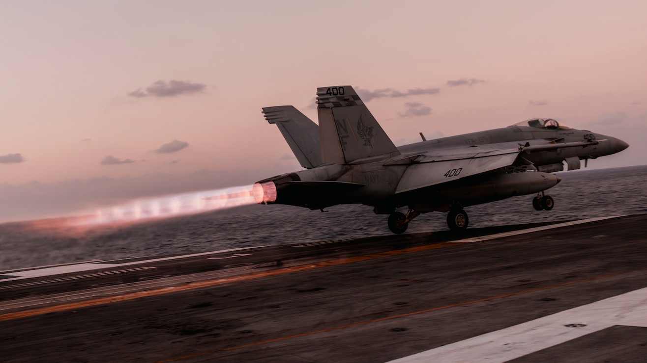 An F/A-18E Super Hornet, attached to the Dambusters of Strike Fighter Squadron (VFA) 195, launches off the flight deck of Nimitz-class aircraft carrier USS George Washington (CVN 73) during Freedom Edge 24-2 in the East China Sea, Nov. 13, 2024. Freedom Edge demonstrates a new era of trilateral cooperation to ensure peace and stability in the Korean Peninsula and the Indo-Pacific. George Washington is 7th Fleet’s premier forward-deployed aircraft carrier, a long-standing symbol of the United States’ commitment to maintaining a free and open Indo-Pacific region, while operating alongside Allies and partners across the U.S. Navy’s largest numbered fleet. (U.S. Navy photo by Mass Communication Specialist 3rd Class August Clawson)