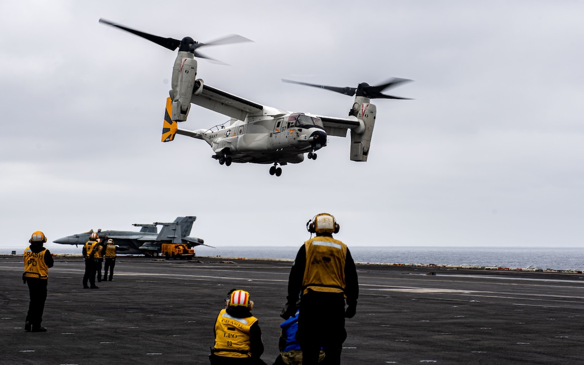 PACIFIC OCEAN (Oct. 8, 2024) An MV-22 Osprey, attached to the “Titans” of Fleet Logistics Multi-Mission Squadron (VRM) 30, takes off from the flight deck of the Nimitz-class aircraft carrier USS Theodore Roosevelt (CVN 71) Oct. 8, 2024. Theodore Roosevelt, flagship of Carrier Strike Group 9, is underway conducting routine operations in the U.S. 3rd Fleet area of operations. An integral part of U.S. Pacific Fleet, U.S. 3rd Fleet operates naval forces in the Indo-Pacific and provides the realistic, relevant training necessary to execute the U.S. Navy’s role across the full spectrum of military operations – from combat operations to humanitarian assistance and disaster relief. U.S. 3rd Fleet works together with our allies and partners to advance freedom of navigation, the rule of law, and other principles that underpin security for the Indo-Pacific region. (U.S. Navy photo by Mass Communication Specialist 3rd Class Richard Tinker)